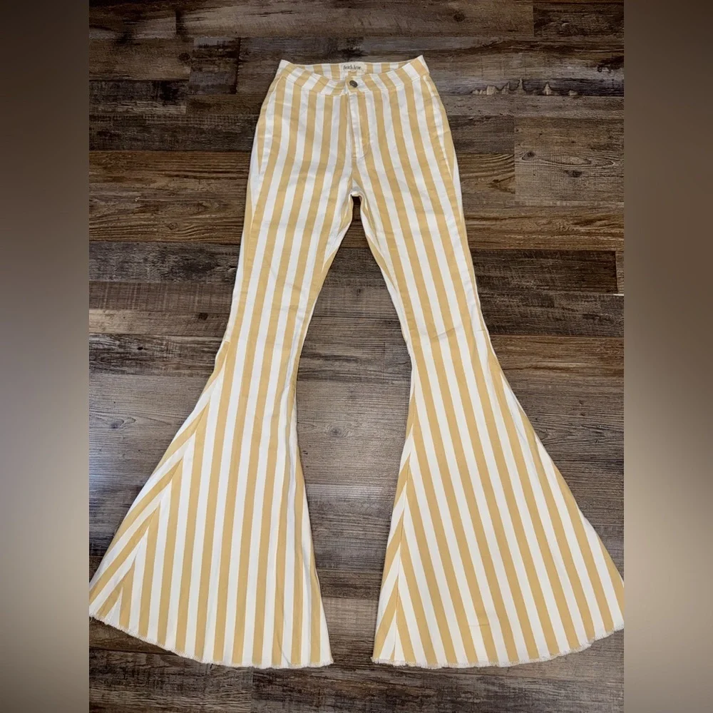 Peach Love California Striped Stretch Denim Bell Bottom Flare Pants XS Boho